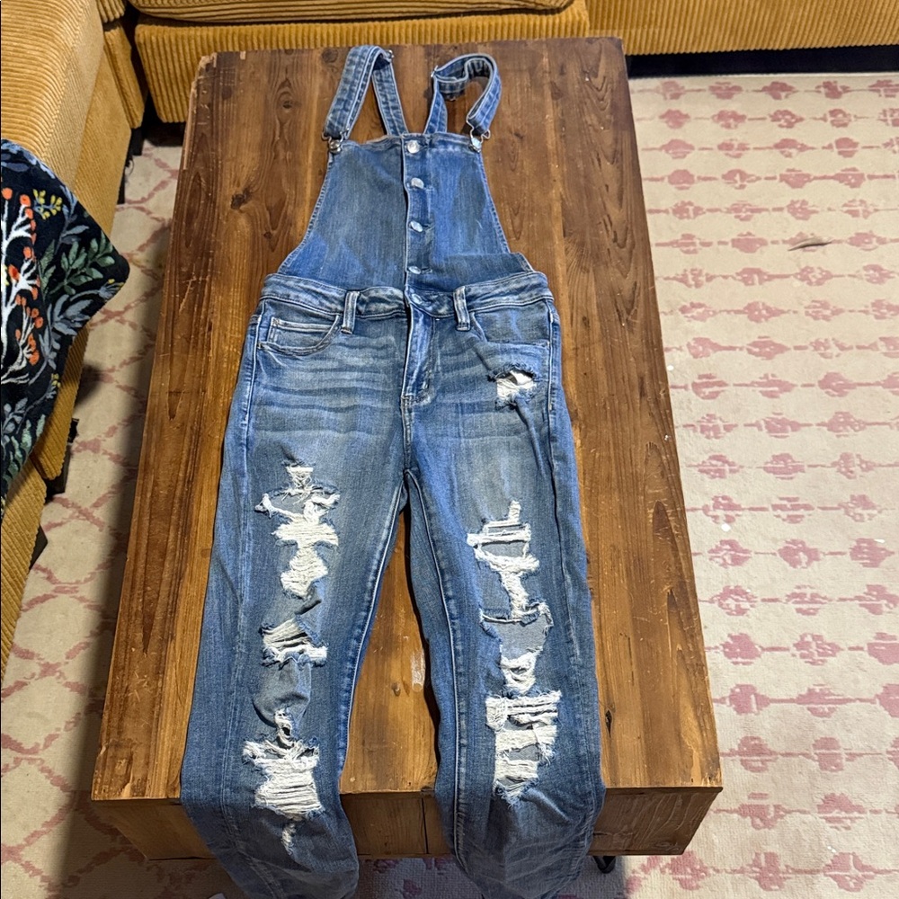American Eagle Outfitters Ripped Blue Denim Overalls